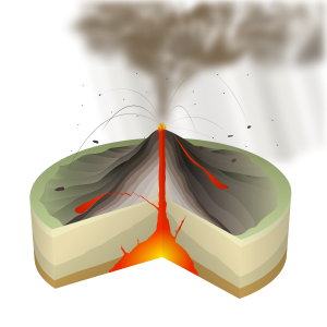 Schematische Darstellung eines Stratovulkans mit einer vulkanianischen Eruption. © fotolia