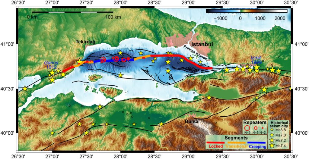 Grafische Darstellung des Marmara-Meers mit der Hauptverwerfung südlich und südwestlich der Metropole Istanbul. Grafik: Becker, Bohnhoff; bearbeitet: H. Hecht, GFZ